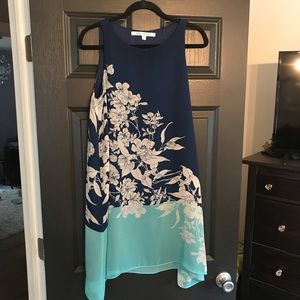 Sleeveless silky floral color block dress